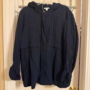 J. Jill Womens Gauze Zip Navy Blue Hooded Jacket Size Medium EUC